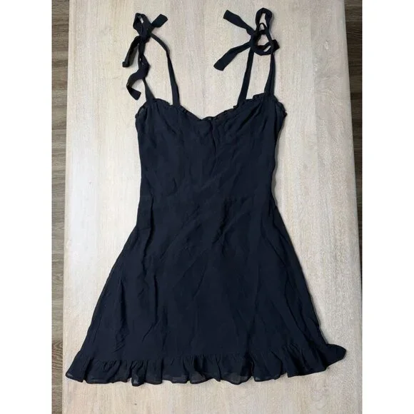 Reformation Christine Black Mini Dress Size 4 Bow Straps Ruffle Hem -  threedaughtersproperties.com